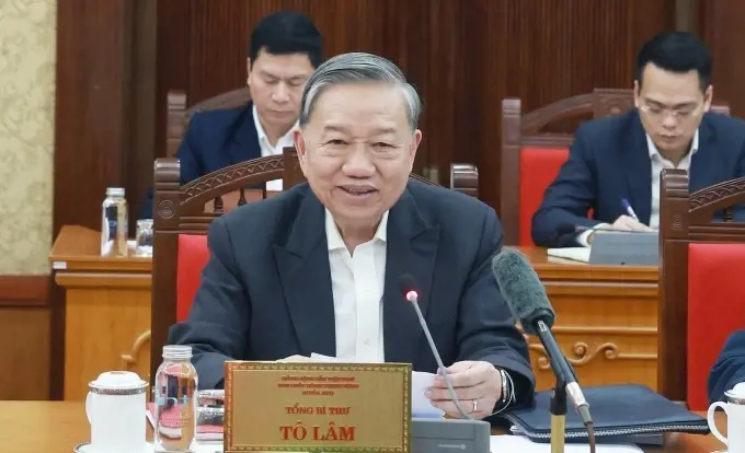 Tổng Bí thư Tô Lâm chủ trì cuộc họp Ban chỉ đạo Trung ương về phát triển khoa học, công nghệ, đổi mới sáng tạo và chuyển đổi số quốc gia, chiều 4/3. Ảnh: TTXVN