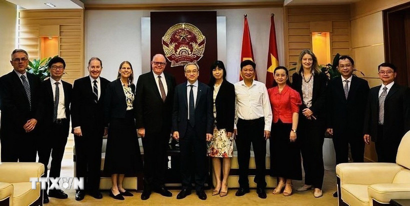 Hiệu trưởng Đại học UTS, Giáo sư Andrew Parfitt, đoàn đại biểu UTS và đại diện DFAT trong cuộc thảo luận về Trung tâm Công nghệ Chiến lược Australia-Việt Nam với Thứ trưởng Bộ Thông tin và Truyền thông Việt Nam Phan Tâm tại Hà Nội tháng 11/2024. Ảnh: TTXVN